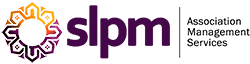 Logo for "slpm Association Management Services" with a colorful geometric flower design to the left of the company name in purple text, ideal for use as a desktop header plug.