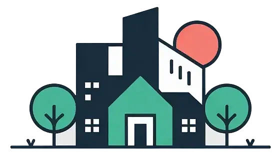 Illustration of a stylized house with geometric shapes serves as an ideal desktop header. A green entrance is central, flanked by trees on both sides, while a red sun or moon completes this minimalistic design.