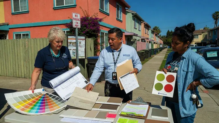 Three people stand outside by a table with paint and material samples, color swatches, and papers, discussing renovation plans and HOA Architectural Reviews in front of colorful apartment buildings under a clear blue sky.