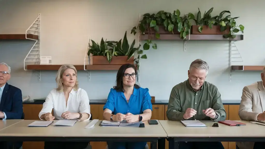 Five people gather around a table in a meeting room. In focus are a woman in a blue shirt and two others in white and green, possibly preparing for an HOA financial statements review. Shelves adorned with potted plants complement the scene, while papers and phones clutter the table.