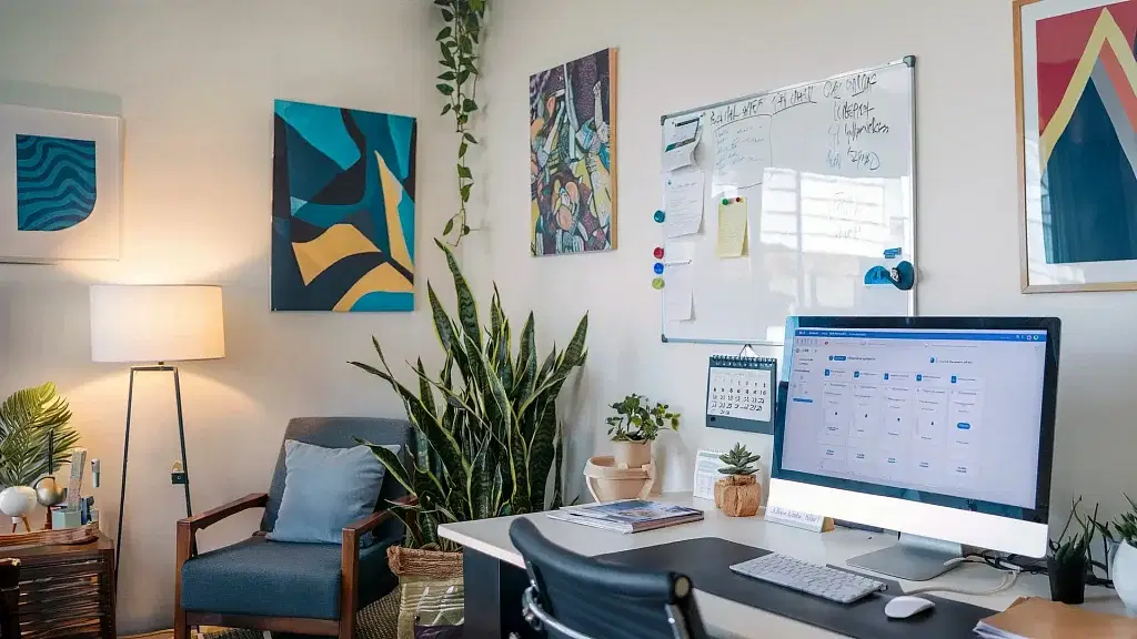 A modern office space featuring a desk facing a large monitor displaying graphs from HOA Technologies. There's a black office chair, a whiteboard with notes, several plants, a floor lamp, and colorful abstract artwork adorning the walls.
