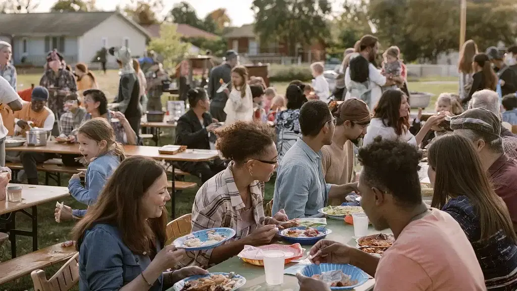 A diverse group of people is enjoying a communal meal outdoors, fostering strong neighbor relationships. They are seated at long tables covered with plates of food and drinks. The background shows more community members socializing, with trees and houses nearby, creating a festive atmosphere.