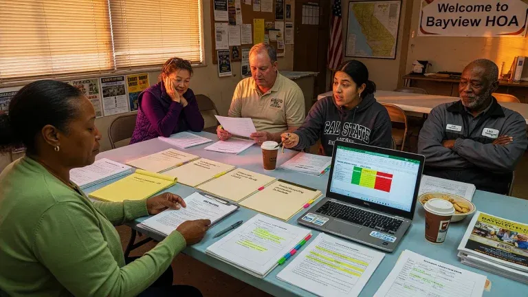 Five people sit around a table covered with folders, papers, coffee cups, and a laptop displaying a chart, engaged in a meeting at Bayview HOA—discussing professional HOA services to save money—with bulletin boards and a welcome sign in the background.