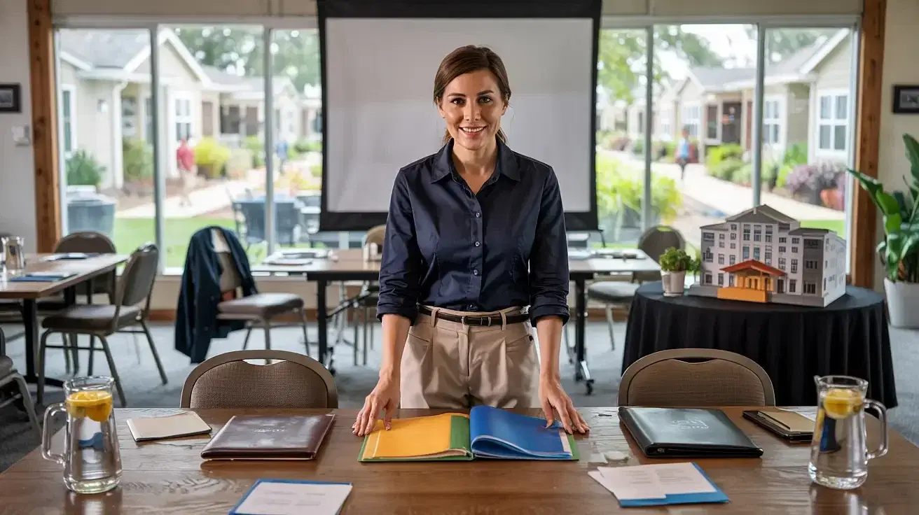 A woman in a navy shirt and beige pants stands smiling at a table filled with open folders and brochures, discussing HOA Management. The conference room boasts a model building and large windows that reveal views of houses and gardens in the SF Bay Area.