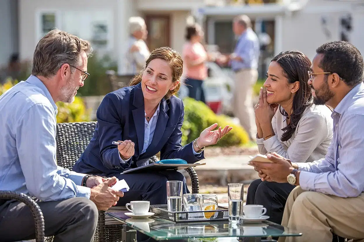 Four people sit around a glass table outdoors, engaged in a lively discussion about HOA management. Dressed in business attire, they smile and hold notepads and pens. Coffee cups and glasses of water are on the table.