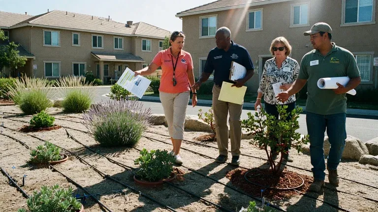 Four people walk through a landscaped garden in front of East Bay residential buildings, discussing papers and documents about 2025 California HOA laws. The landscaping features mulch, small shrubs, and irrigation lines under a sunny, clear sky.