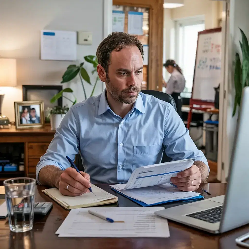 A man in a light blue shirt sits at a desk in an Oakland HOA Management office, focused on a document in his hand. He holds a pen, ready to take notes in a notebook. A laptop, glass of water, and calculator are on the desk. Office environment with plants and a blurred colleague in the background.