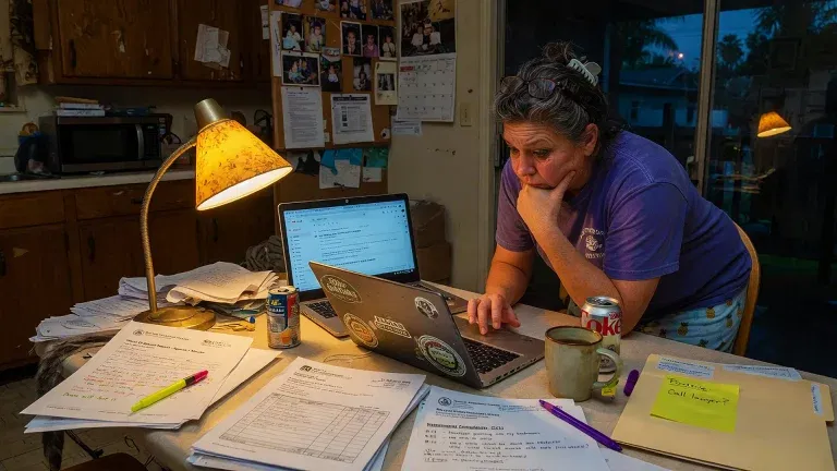 A woman in a cluttered kitchen works on a laptop at a table scattered with paperwork, pens, and mugs—showing signs of board member burnout as she searches for solutions, her focus unwavering with chin resting on her hand.