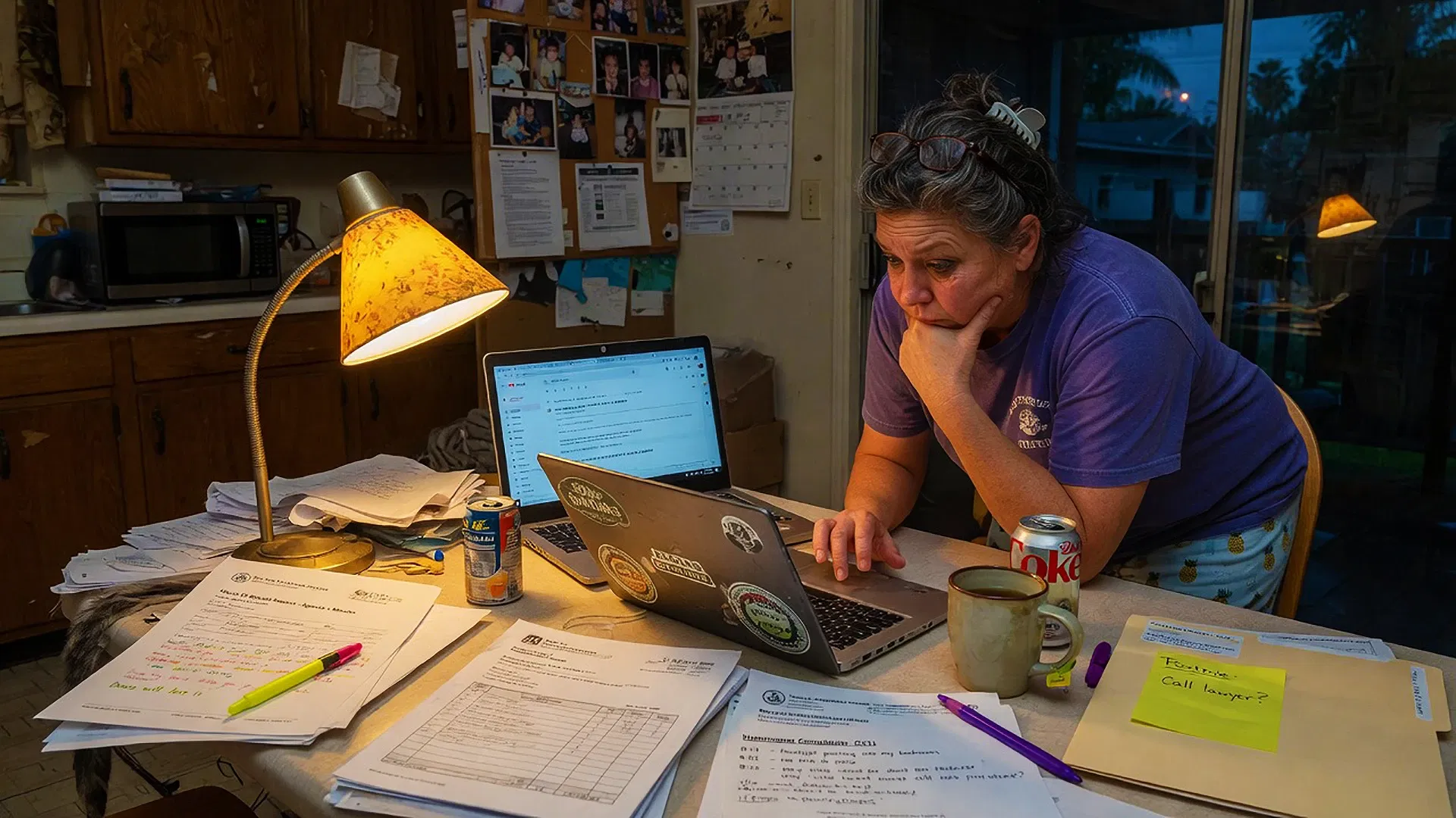 A woman in a cluttered kitchen works on a laptop at a table scattered with paperwork, pens, and mugsâshowing signs of board member burnout as she searches for solutions, her focus unwavering with chin resting on her hand.