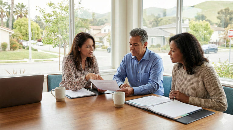 Three people sit at a table with documents and coffee mugs, discussing paperwork for SLPM Eastbay Association Management. A laptop is open nearby and large windows reveal a suburban neighborhood with trees and hills in the background.