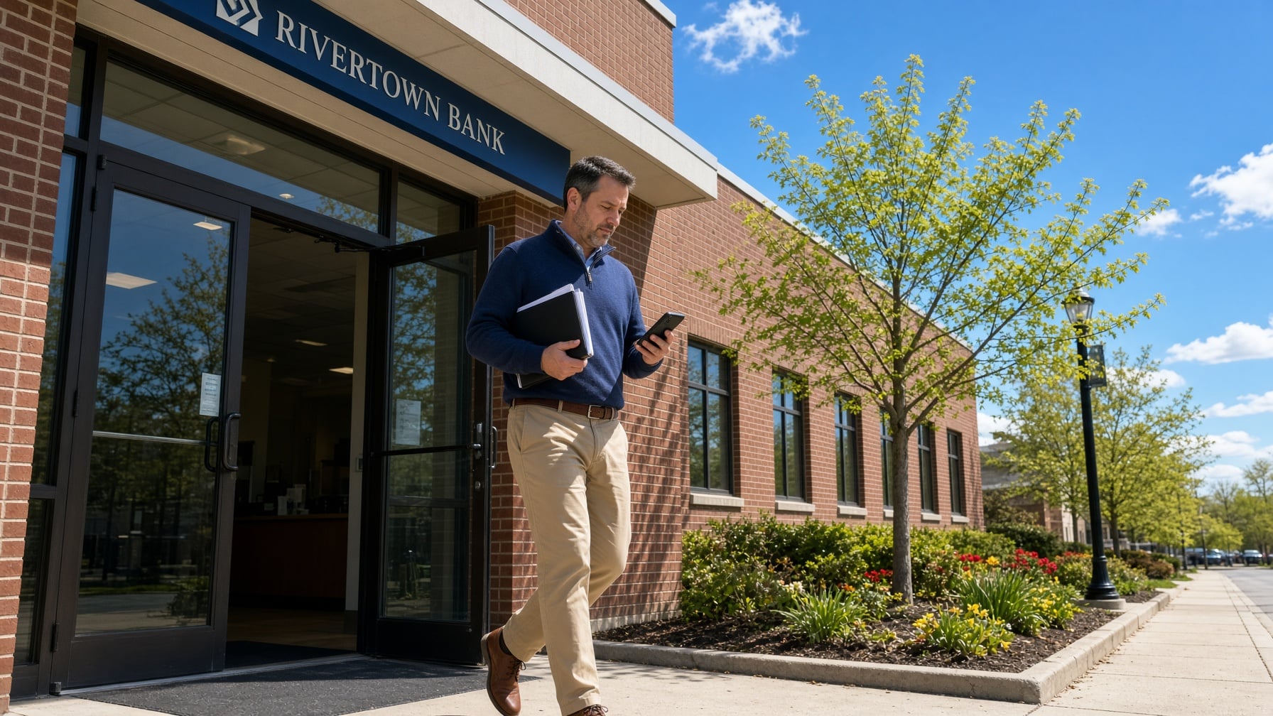 A man carrying a folder walks out of the Rivertown Bank building, which houses SLPM association management services, while looking at his smartphone.