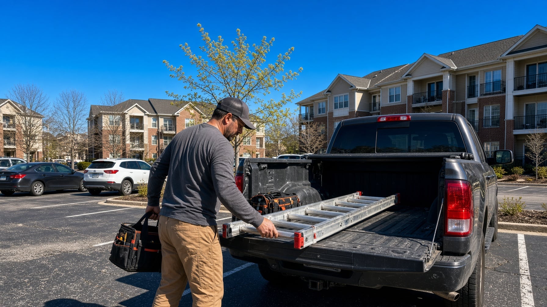 A man in a baseball cap carries a tool bag while loading a folding ladder into the back of a pickup truck, a task common for SLPM Association Management Services in the San Francisco Bay Area.