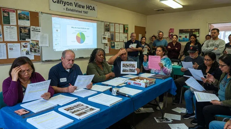 A group of people sit and stand around a table covered with documents and snacks, attentively reviewing papers during a community HOA meeting. A presentation with a pie chart, highlighting San Francisco Bay Area association management services, is projected behind them.