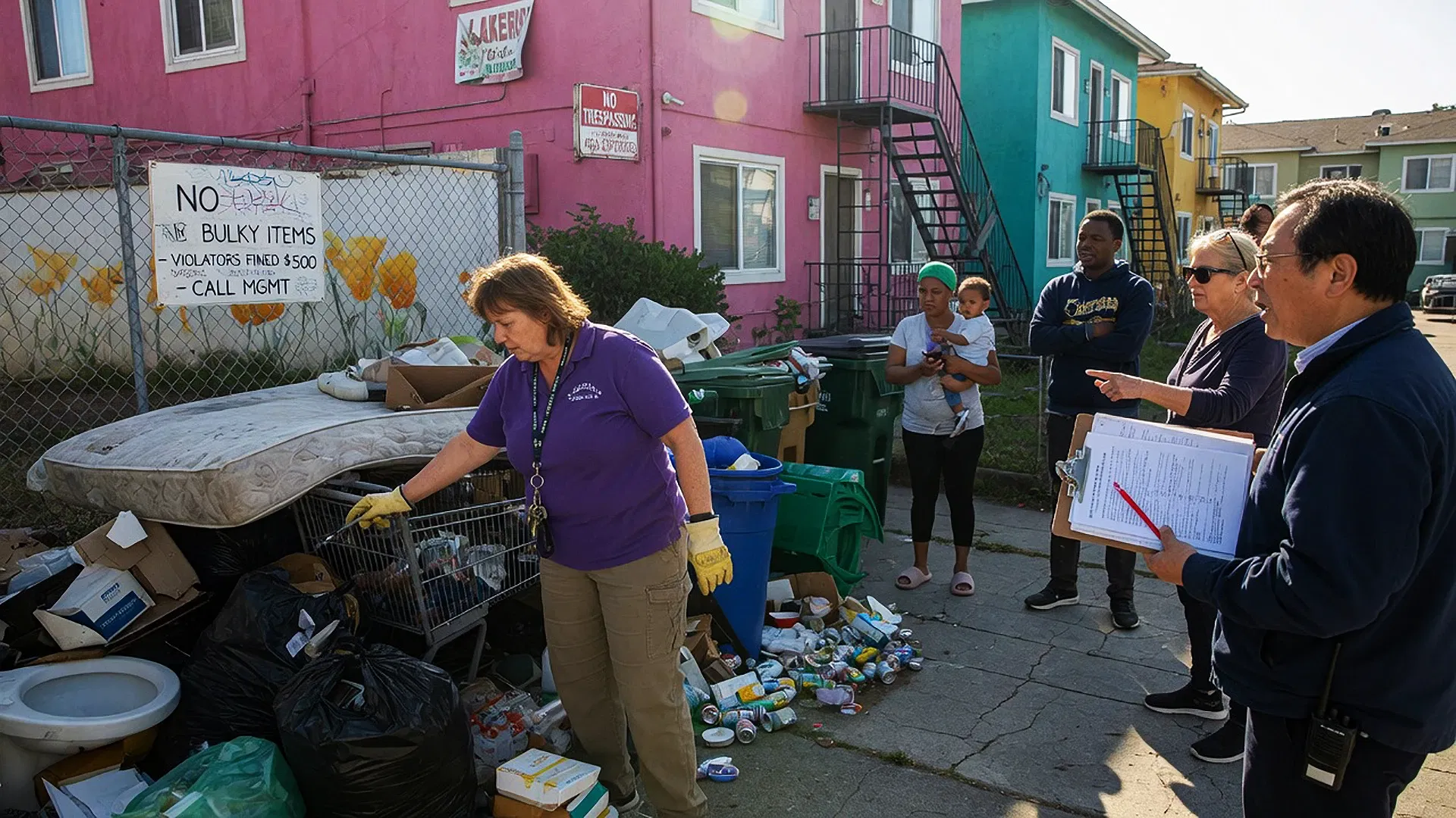 A woman in gloves inspects a pile of trash and bulky items on a sidewalk outside colorful San Francisco Bay Area apartment buildings, while four others observe and take notes. A sign on the fence behind them gives disposal instructions.