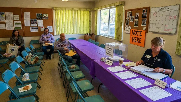 A polling station with blue chairs, a purple table, and voting materials. Three voters sit with paperwork while a poll worker checks documents—a typical scene in San Francisco Bay Area events managed by SLPM Association Management Services.