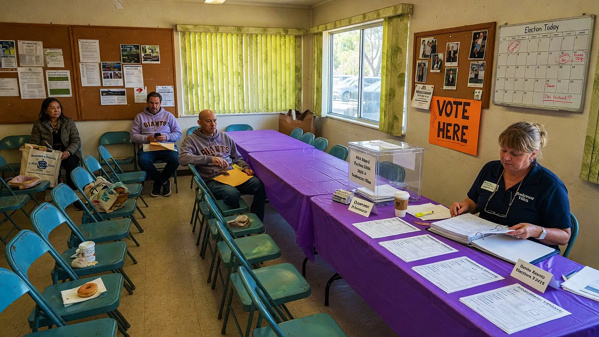 A polling station with blue chairs, a purple table, and voting materials. Three voters sit with paperwork while a poll worker checks documentsâa typical scene in San Francisco Bay Area events managed by SLPM Association Management Services.