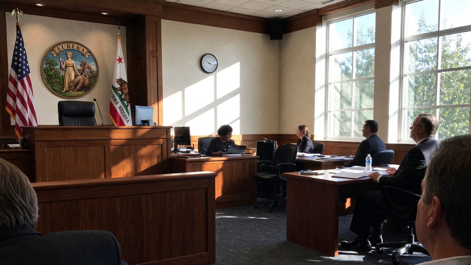 A courtroom scene with an empty judgeâs bench, flags, and attorneys at tables preparing for a case involving director personal liability and a bad assessment.