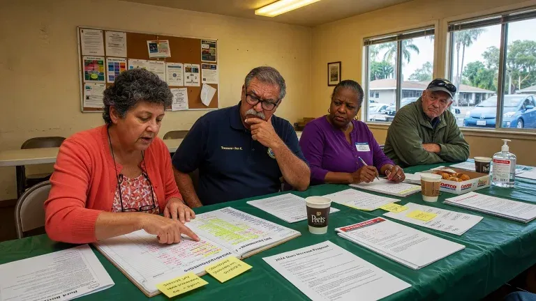 Four adults sit at a table covered with papers and notes, discussing documents—perhaps planning business association management services in the San Francisco Bay Area. One woman points at a page while the others listen. A bulletin board and palm trees are seen through the windows.