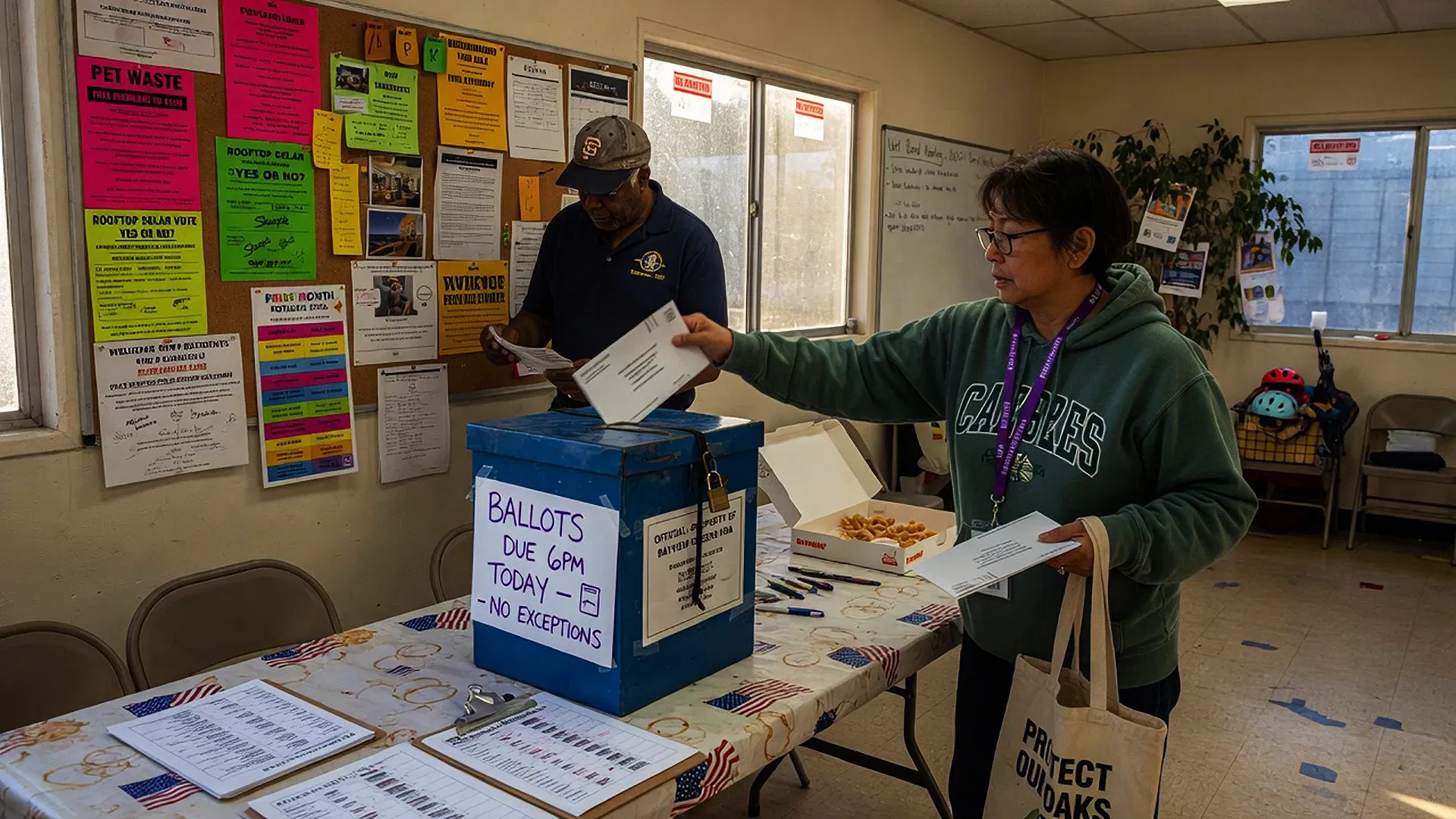 Two people submit ballots in a San Francisco Bay Area community voting center. One woman places her envelope in a blue ballot box, while a man stands nearby. Colorful flyers and SLPM Association Management Services brochures cover the walls.