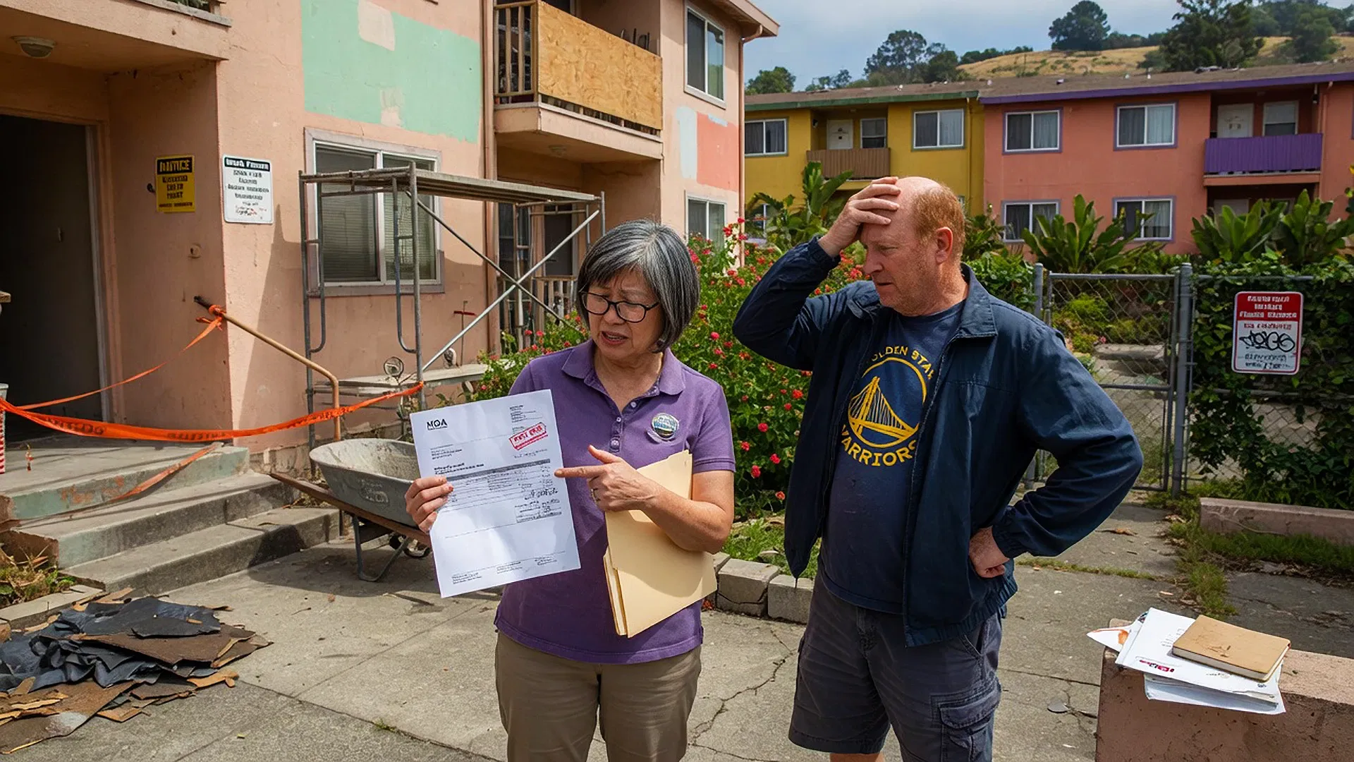 Two people stand outside a damaged San Francisco Bay Area apartment building. One woman points to a document—possibly from SLPM Association Management Services—while the concerned man beside her looks on as repairs are underway.