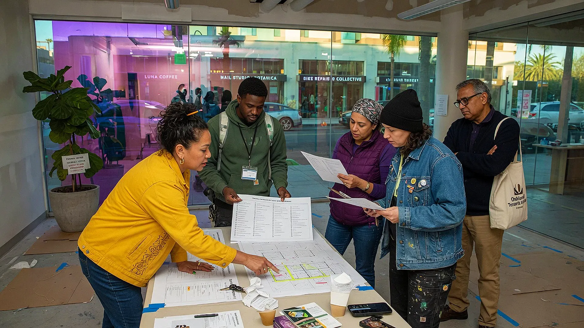 Five people gather around a table covered with papers and floor plans in a modern, unfinished room. One woman points at a document as the group discusses SLPM Association Management Services, with shops and palm trees visible through the large window.