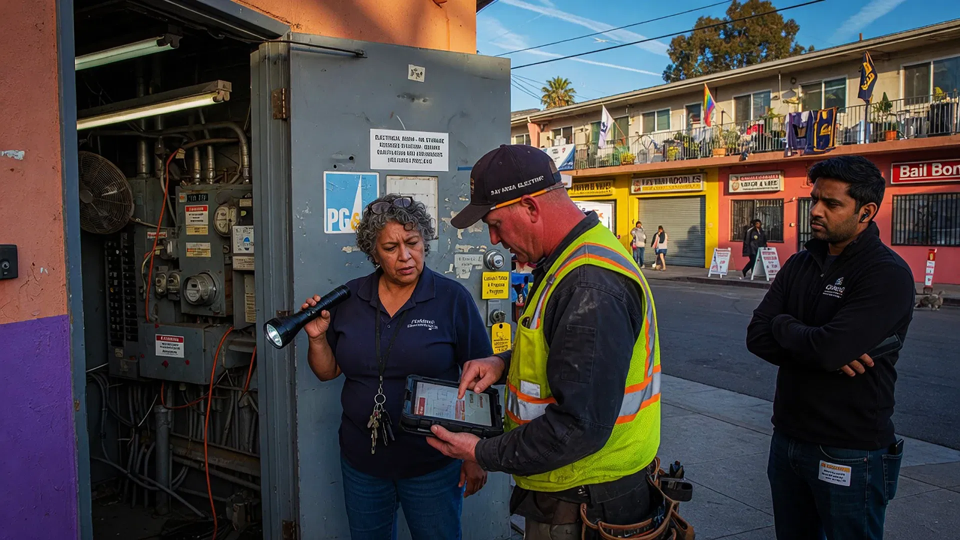 Three people stand by an open electrical panel outdoors in the San Francisco Bay Area; one holds a flashlight, another in a safety vest uses a tablet for SLPM association management services, while the third observes. Colorful storefronts and apartments are behind them.