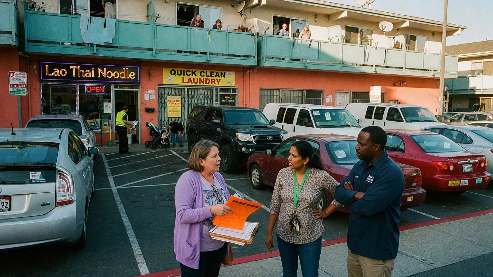 Three people stand talking in a parking lot in front of businesses, including Lao Thai Noodle and Quick Clean Laundry, reflecting the vibrant spirit of business association management services in the San Francisco Bay Area.