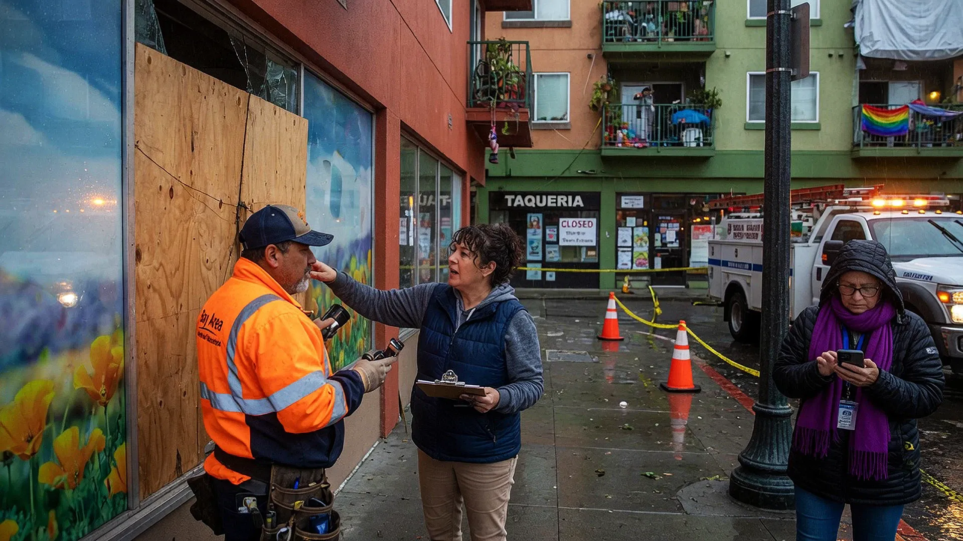 A woman speaks to a worker in a reflective jacket near a boarded-up window on a wet city street after a storm. Nearby, another person uses their phone, while caution cones and a utility truck signal 24/7 accountability from the management company.