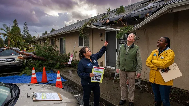 Three people stand outside a house with roof damage from a fallen tree, discussing insurance options. One points to the roof while another observes and a third holds a clipboard. Orange cones and debris are nearby under a cloudy sky.