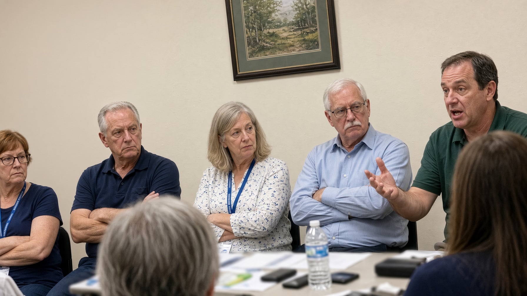 Four adults sit around a table at an SLPM association management services meeting, with one man gesturing as he speaks to the others.