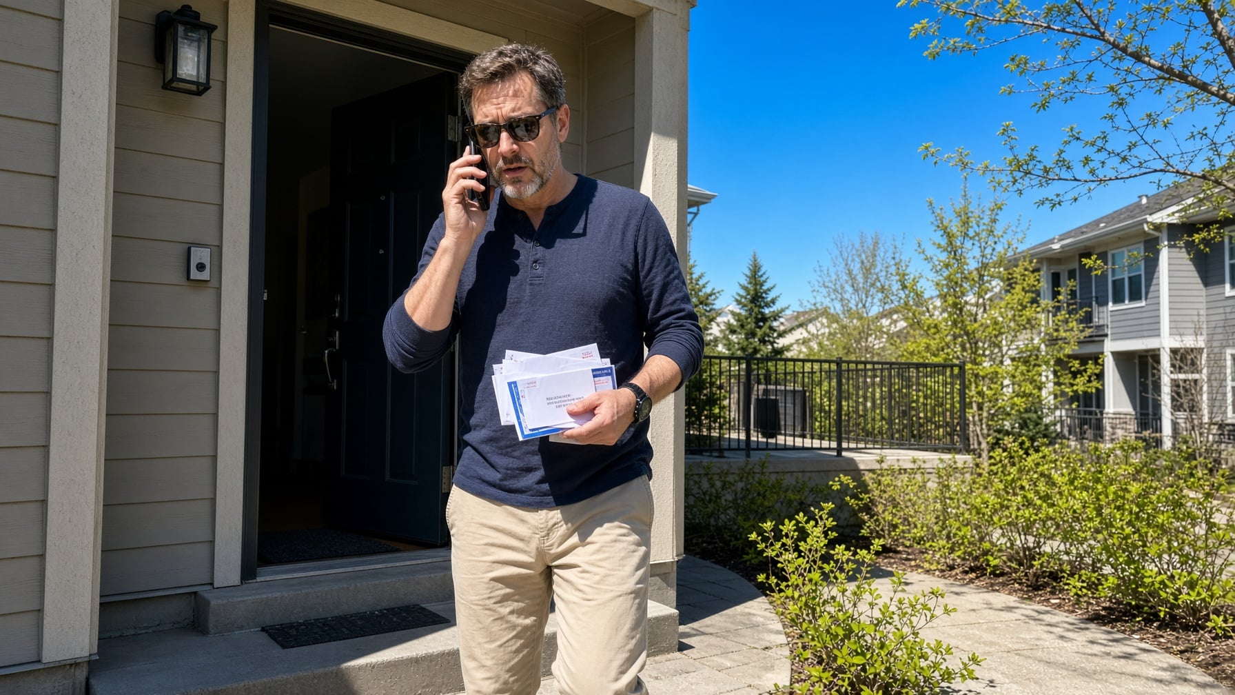 A man in sunglasses stands outside an open front door talking on a mobile phone while holding a stack of envelopes for SLPM association management services.