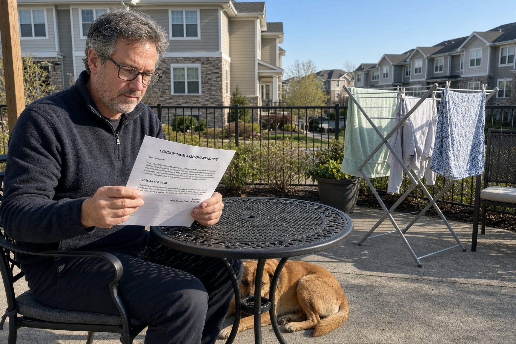 A man sits on a patio reading a Condominium Assessment Notice from SLPM Association Management Services while a dog lies at his feet.