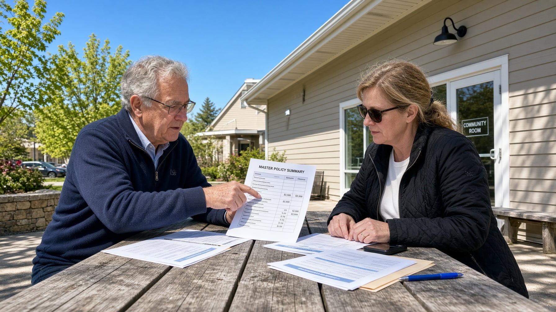 A man and a woman sitting at an outdoor picnic table reviewing a Master Policy Summary for SLPM association management services.