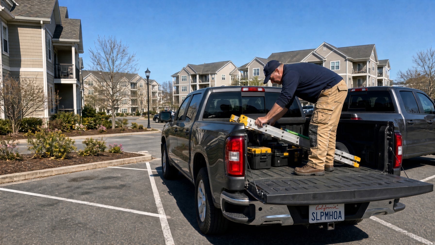 A worker in work pants and a cap loads a folded ladder into the bed of a dark pickup truck parked at an apartment complex managed by SLPM Association Management Services.