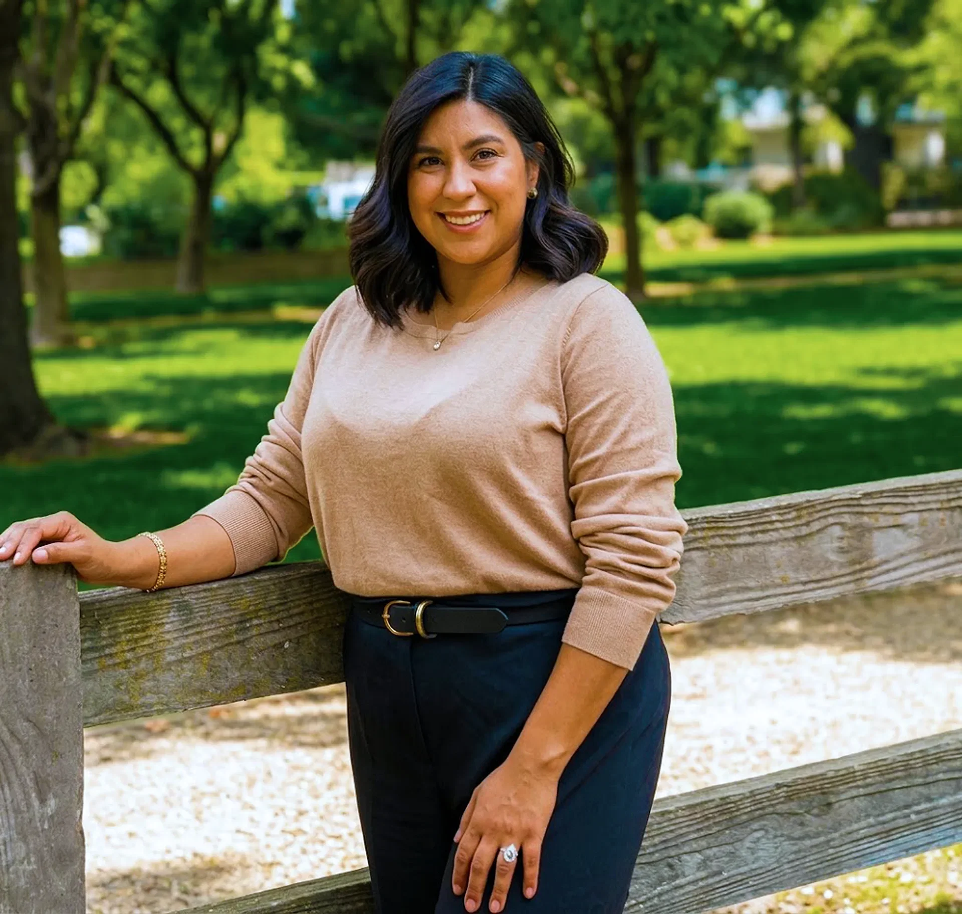 A woman with shoulder-length dark hair smiles while leaning on a wooden fence in a sunlit park with green grass and trees in the background, embodying the approachable and professional spirit of SLPM Association Management Services. This lively scene captures the essence of Daisy Diaz, known for her friendly demeanor and dedication to serving her community.