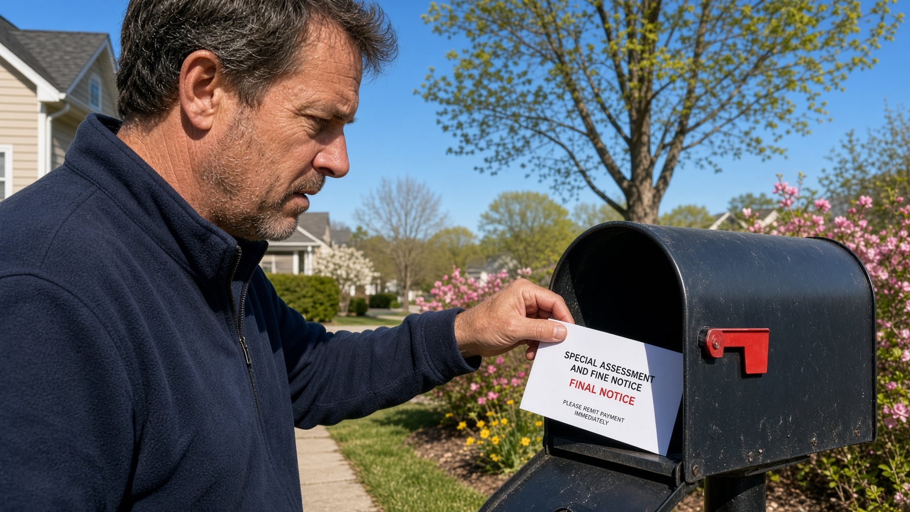 A man places a âSpecial Assessment and Fine Notice: Final Noticeâ document into a mailbox, a task often handled by SLPM Association Management Services in the San Francisco Bay Area.