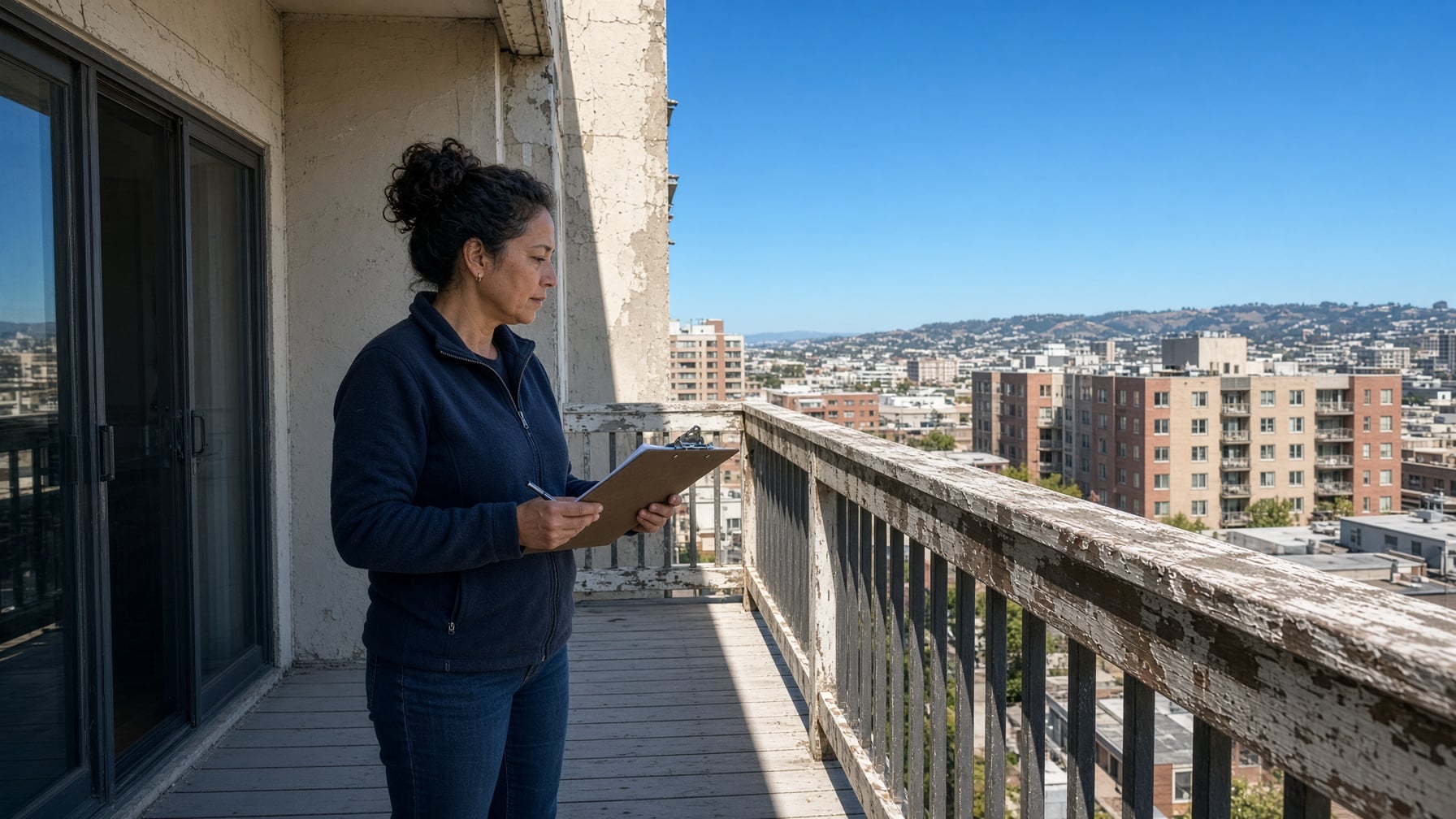 A woman stands on a balcony overlooking the San Francisco Bay Area, holding a clipboard and pen for SLPM association management services.