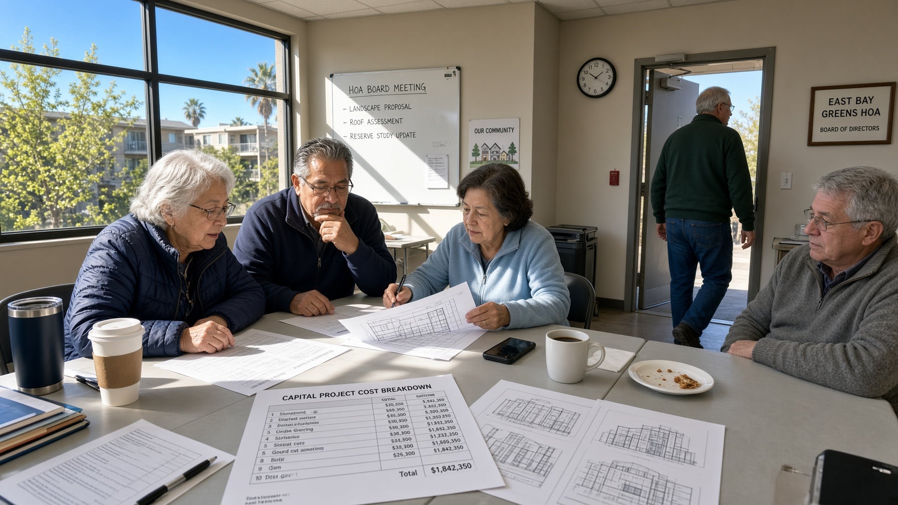 Four people attend an HOA board meeting in a room with documents and architectural drawings spread across a table for SLPM association management services.