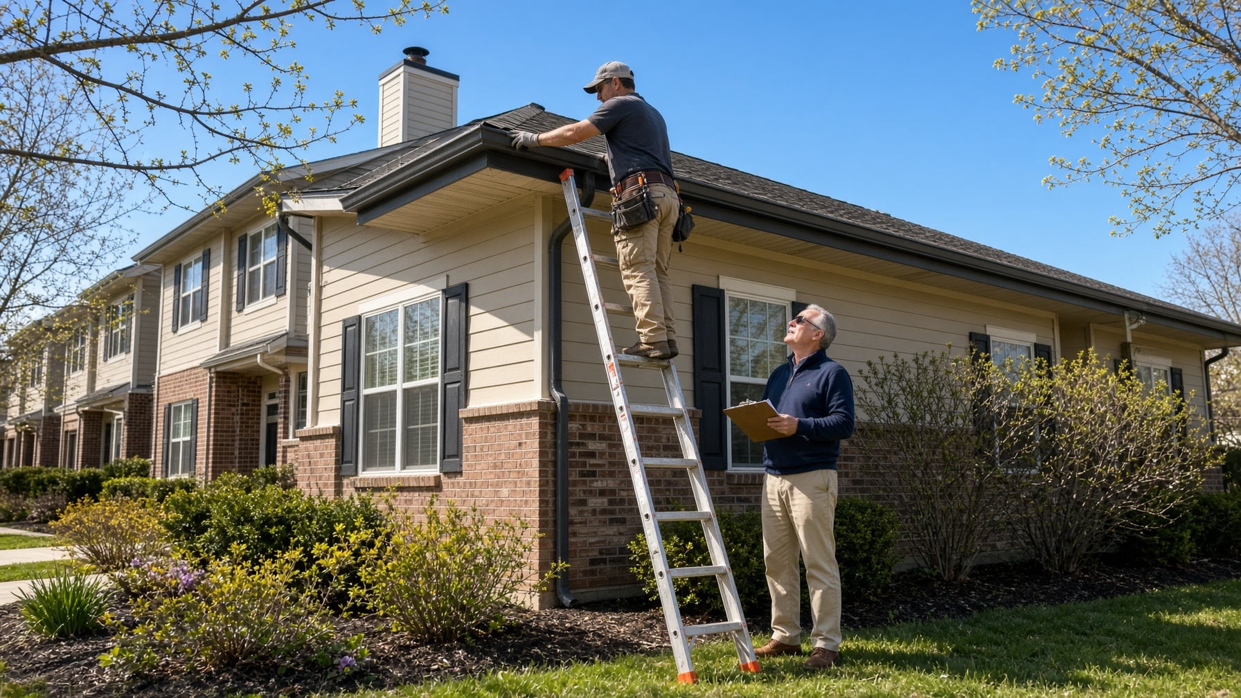 A worker on a ladder inspects a house gutter for SLPM Association Management Services while a second person holding a clipboard looks on.