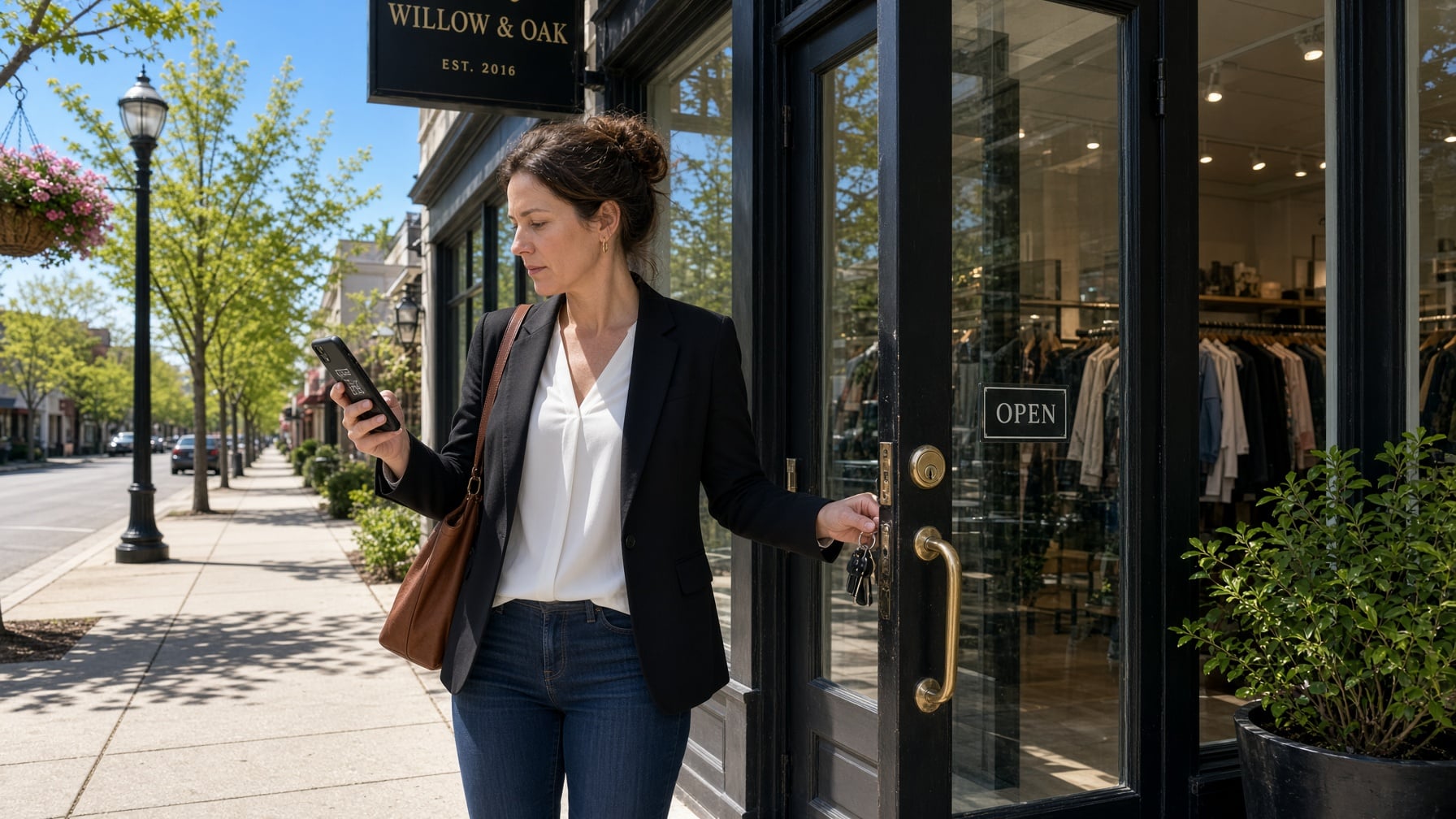 A woman in a blazer uses her phone while opening the door to a boutique store managed by SLPM association management services.
