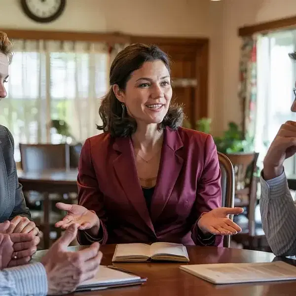A group of four people sits around a wooden table in a well-lit room with large windows overlooking the SF Bay Area. A woman in a red blazer gestures while speaking passionately about HOA management, as the others listen attentively. An open notebook lies on the table.