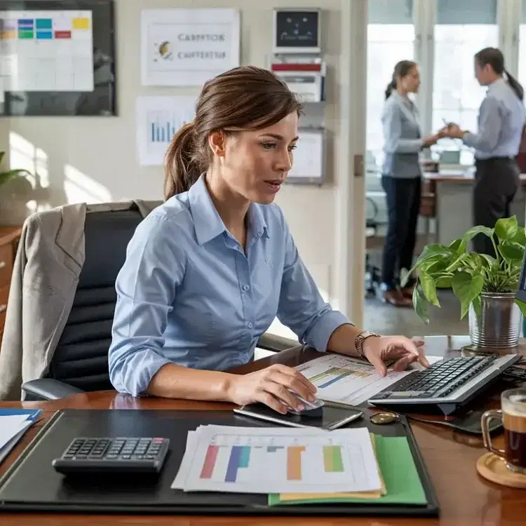 A woman in a blue shirt works at a desk with a computer, surrounded by documents and a coffee, focusing on HOA management tasks. A plant and calculator are on the desk. In the background, two people converse near a window under a wall with graphs, set against the vibrant Oakland skyline.