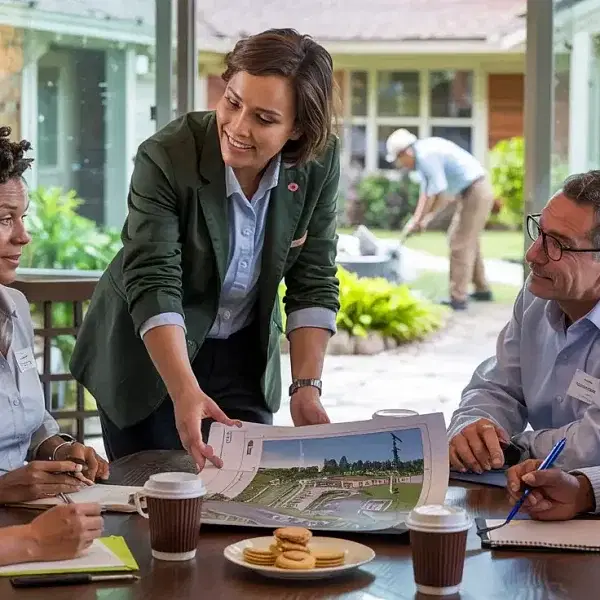 A woman in a green blazer stands presenting plans to four colleagues seated around a table. They're in a bright Oakland room with large windows overlooking a garden. The table is adorned with cups, notebooks, and a plate of cookies, perfect for sparking ideas on HOA management strategies.