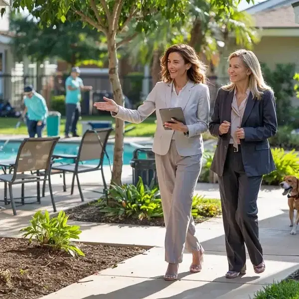 Two women in business attire walk through a garden area near a pool, discussing Oakland HOA management strategies. One holds a tablet and gestures forward. In the background, a man walks a dog, and two people sit on poolside chairs. Trees and greenery surround the scene.