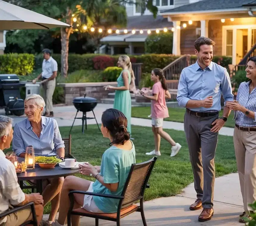 A group of people enjoys an outdoor gathering in a backyard in Oakland. Some are seated at a table with food and drinks, while others stand and chat. A child plays nearby. The setting is illuminated by string lights and surrounded by the lush greenery typical of the SF Bay Area.