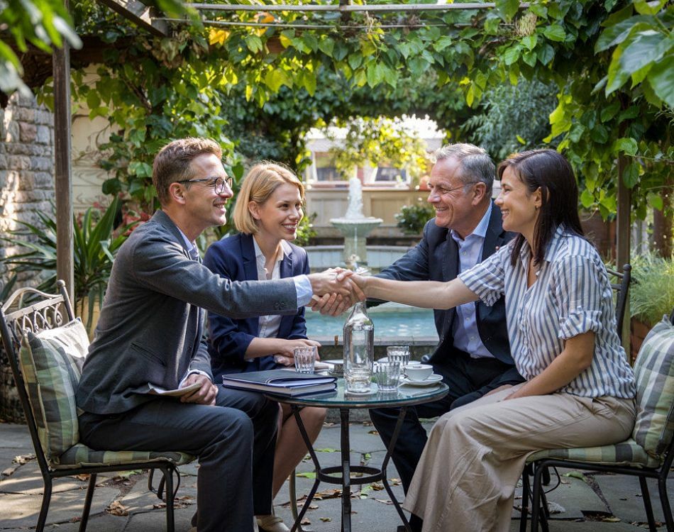Four people are seated around an outdoor table in a garden setting in the SF Bay Area. Two, one on each side, are shaking hands, as if sealing an HOA management deal, while the others observe. Lush greenery surrounds them, creating a serene atmosphere with a water fountain in the background.