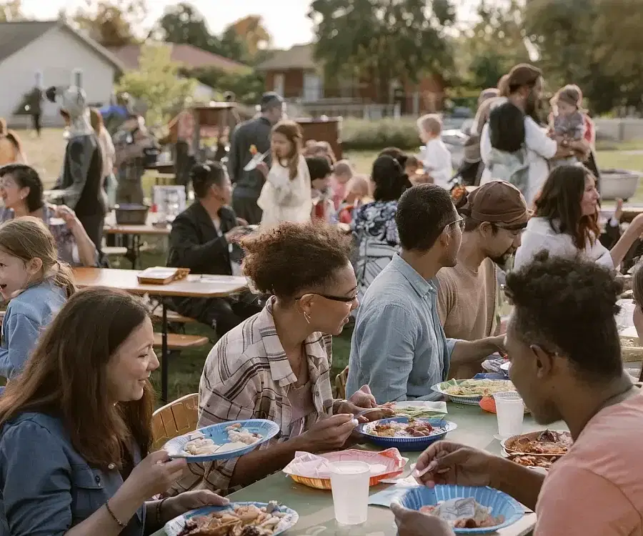 A diverse group of people is enjoying a communal meal outdoors, fostering strong neighbor relationships. They are seated at long tables covered with plates of food and drinks. The background shows more community members socializing, with trees and houses nearby, creating a festive atmosphere.